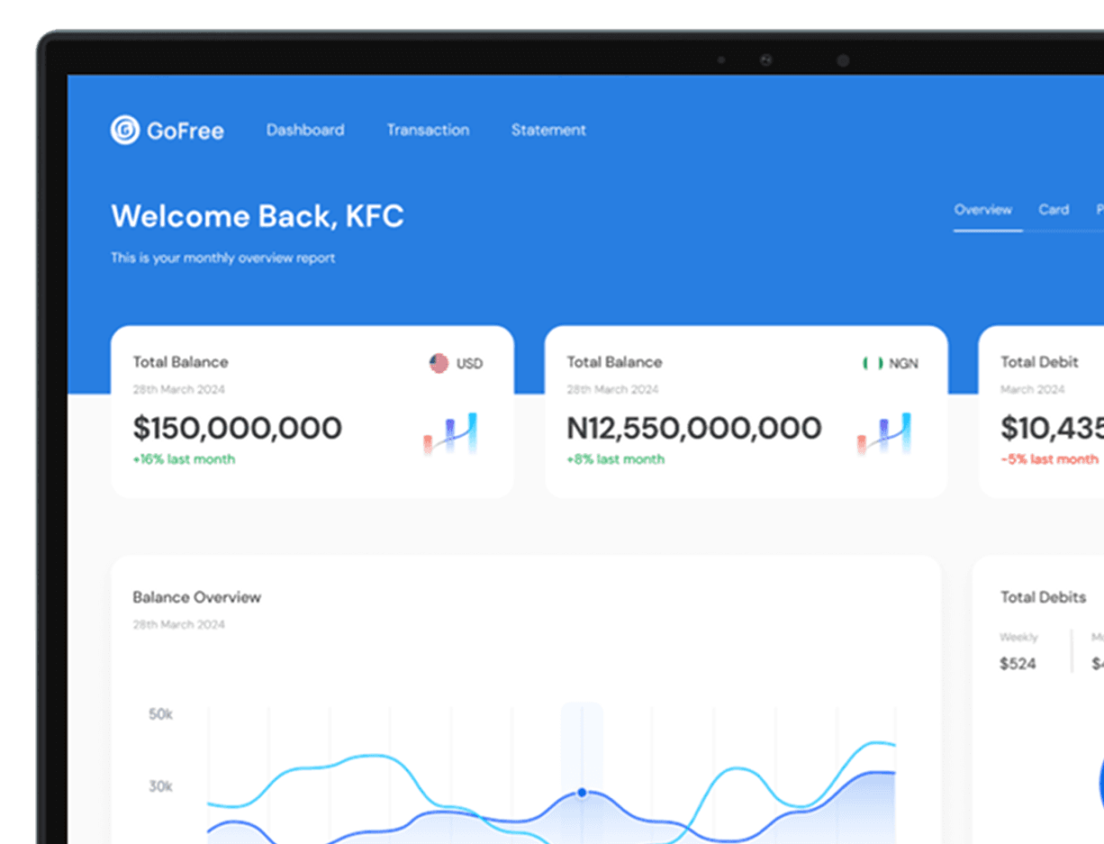 Desktop dashboard showing multi-currency balances